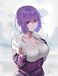 Rule 34 | 1girl, breasts, cleavage, collarbone, commentary, gridman universe, hair between eyes, hand on own chest, highres, jacket, l.kili, large breasts, long sleeves, looking at viewer, off shoulder, purple jacket, red eyes, shinjou akane, shirt, short hair, signature, skyline, smile, solo, ssss.gridman, upper body, white shirt