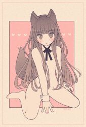 Rule 34 | 1girl, amagami, animal ears, barefoot, black ribbon, blunt bangs, blush, commentary, completely nude, expressionless, flat chest, fox ears, fox girl, fox tail, full body, grey eyes, grey hair, hair censor, heart, highres, kamizaki risa, long hair, looking at viewer, neck ribbon, nude, rabiyamarabi, ribbon, solo, symbol-only commentary, tail, very long hair, wrist cuffs