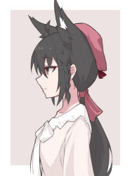 Rule 34 | 1girl, ahoge, animal ears, beret, black hair, blouse, bow, bowtie, braid, commentary, dark persona, ear piercing, eihire, expressionless, fox ears, fox girl, from side, hair between eyes, hair ribbon, hat, hololive, kurokami fubuki, long hair, long sleeves, low ponytail, piercing, profile, red eyes, red hat, red ribbon, ribbon, shirt, side braid, solo, upper body, virtual youtuber, white bow, white bowtie, white shirt