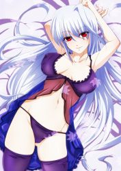 Rule 34 | bed, blue hair, blush, breasts, breasts apart, covered erect nipples, groin, highres, large breasts, lingerie, looking at viewer, lyrical nanoha, mahou shoujo lyrical nanoha, navel, negligee, panties, purple panties, purple thighhighs, red eyes, reinforce, smile, tappa (esperanza), thighhighs, underwear