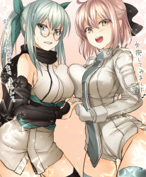 Rule 34 | 10s, 2girls, ahoge, blonde hair, blush, breast press, breasts, cosplay, costume switch, couple, cowboy shot, drifters, fate (series), glasses, gloves, green eyes, hair ribbon, hatori mia, highres, koha-ace, long hair, looking at viewer, multiple girls, okita souji (fate), okita souji (koha-ace), okita souji (koha-ace) (cosplay), olmine, olmine (cosplay), open mouth, ribbon, scarf, short hair, smile, symmetrical docking, thighhighs, translation request, twintails, yellow eyes