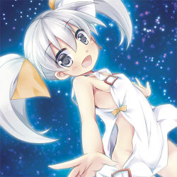 Rule 34 | 10s, 1girl, :d, breasts, dress, earrings, hair ribbon, jewelry, looking at viewer, lowres, no panties, open mouth, ribbon, sideboob, grey eyes, sky, sleeveless, small breasts, smile, solo, space, star (sky), starry sky, tama (wixoss), tougo, twintails, white dress, white hair, wixoss
