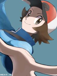 Rule 34 | 1boy, blue jacket, brown eyes, brown hair, closed mouth, commentary request, creatures (company), game freak, hat, highres, hilbert (pokemon), jacket, jeri20, looking at viewer, male focus, nintendo, poke ball print, pokemon, pokemon bw, red hat, short hair, simple background, smile, solo, upper body