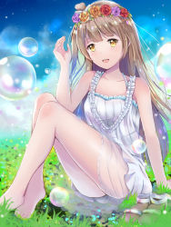 Rule 34 | 10s, 1girl, bad id, bad pixiv id, bare shoulders, barefoot, brown hair, bubble, day, dress, flower, grass, hair flower, hair ornament, head wreath, highres, legs, long hair, love live!, love live! school idol festival, love live! school idol project, minami kotori, sandals, unworn sandals, shoes, unworn shoes, side ponytail, sky, smile, solo, tailam, yellow eyes