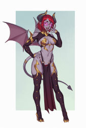 Rule 34 | 1girl, absurdres, black nails, breasts, colored skin, demon girl, demon horns, demon tail, demon wings, earrings, eyebrows, full body, gold footwear, grey skin, hand on own hip, high heels, highres, horns, jewelry, lips, lipstick, looking at viewer, makeup, medium breasts, nail polish, navel, nose piercing, open mouth, original, piercing, pointy ears, red hair, revealing clothes, riz, short hair, smile, solo, sunglasses, tail, teeth, tinted eyewear, wings, yellow eyes