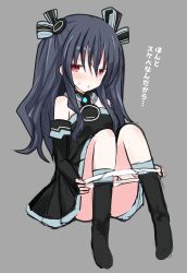 Rule 34 | absurdres, bare shoulders, black hair, breasts, collar, dress, eijirou02, gloves, highres, leggings, long hair, mopey, neptune (series), open mouth, panties, pants, red eyes, sitting, small breasts, tears, thighhighs, thighs, tsundere, twintails, two side up, underwear, uni (neptunia)