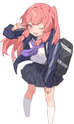 1girl ;d backpack bag black_skirt blush fang highres jacket kneehighs kotonoha_akane leaning_forward long_hair long_sleeves looking_at_viewer one_eye_closed open_mouth pink_hair pleated_skirt red_eyes sailor_collar school_bag school_uniform serafuku shirt skirt smile socks solo standing striped_background v voiceroid white_background white_shirt yamamomo_(plank)