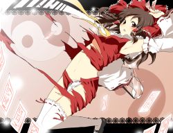 Rule 34 | 1girl, armpits, breasts, detached sleeves, exploding clothes, female focus, hakurei reimu, kurot, ofuda, panties, small breasts, solo, tearing clothes, thighhighs, torn clothes, touhou, underboob, underwear, yin yang