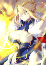 Rule 34 | 1girl, absurdres, armor, armored dress, artoria pendragon (all), artoria pendragon (fate), artoria pendragon (lancer) (fate), blonde hair, braid, breasts, cleavage, cleavage cutout, clothing cutout, crown, dress, fate/grand order, fate (series), female focus, french braid, fur trim, green eyes, highres, holding, holding hands, holding weapon, lance, large breasts, looking at viewer, no bra, open mouth, polearm, saber (fate), smile, solo, sunlight, type-moon fans, upper body, weapon