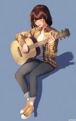 Rule 34 | 1girl, bad id, bad twitter id, closed eyes, denim, eyepatch, girls&#039; frontline, guitar, highres, instrument, jeans, m16a1 (girls&#039; frontline), music, open clothes, open shirt, pants, playing instrument, scar, scar across eye, scar on face, shadow, shirt, shoes, single shoe, solo, tank top, xanax025