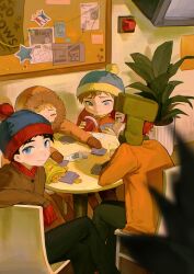 Rule 34 | 4boys, beanie, black hair, bulletin board, card, chair, chips (food), chun baii, crossed legs, cup, drinking straw, drinking straw in mouth, eric cartman, food, gloves, hat, highres, holding, holding cup, hood, hood up, hooded jacket, indoors, jacket, kenny mccormick, kyle broflovski, long sleeves, looking at viewer, male focus, mittens, multiple boys, pants, plant, playing card, playing games, pom pom (clothes), potato chips, potted plant, red hair, sitting, south park, stan marsh, table, television
