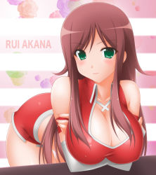 Rule 34 | 1girl, akana rui, bent over, blush, breasts, brown hair, character name, chousoku henkei gyrozetter, cleavage, detached sleeves, english text, green eyes, highres, large breasts, leaning forward, long hair, smile, solo, us myo