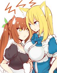 Rule 34 | &gt;:&lt;, 2girls, :&lt;, alternate costume, angry, animal ear fluff, animal ears, aoi (naomi), blonde hair, blue eyes, bow, breast poke, breasts, brown hair, cat ears, closed mouth, enmaided, eye contact, fang, fang out, fox ears, frills, hutaba aoi, impossible clothes, impossible shirt, large breasts, long hair, looking at another, maid, multiple girls, nanashin naomi, neko (naomi), original, poking, shirt, twintails, v-shaped eyebrows, yellow eyes