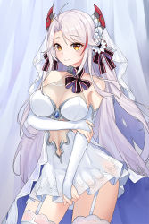 Rule 34 | 1girl, absurdres, antenna hair, azur lane, bare shoulders, breasts, bridal gauntlets, bridal veil, closed mouth, commentary request, dress, garter straps, headgear, highres, korean commentary, large breasts, lillly, long hair, looking at viewer, mixed-language commentary, multicolored hair, navel, orange eyes, prinz eugen (azur lane), prinz eugen (symphonic fate) (azur lane), red hair, see-through, smile, solo, standing, streaked hair, swept bangs, thighhighs, thighs, two side up, veil, very long hair, wedding dress, white dress, white hair, white thighhighs