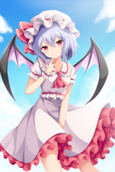 Rule 34 | 1girl, ascot, bat wings, blue hair, blush, breasts, closed mouth, cloud, cloudy sky, collarbone, commentary request, contrapposto, day, dress, feet out of frame, finger to mouth, frilled shirt collar, frills, hair between eyes, hand up, hat, highres, looking at viewer, mob cap, outdoors, petticoat, puffy short sleeves, puffy sleeves, red ascot, red eyes, remilia scarlet, short hair, short sleeves, sky, small breasts, smile, solo, standing, touhou, white dress, white hat, wings, yasuharasora