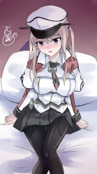 Rule 34 | 10s, 1girl, bad id, bad pixiv id, bed, black pantyhose, blonde hair, blush, breasts, capelet, celtic knot, cross, gloves, graf zeppelin (kancolle), grey eyes, hair between eyes, hat, jacket, jotarozaku, kantai collection, large breasts, looking at viewer, miniskirt, necktie, open mouth, pantyhose, peaked cap, sidelocks, sitting, skirt, solo, twintails