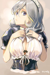 Rule 34 | 1girl, black bra, black dress, blue eyes, bow, bow bra, bra, bra peek, breasts, cleavage, closed mouth, commentary request, dress, hair between eyes, hands on own chest, hands up, large breasts, long hair, looking at viewer, maid, maid headdress, original, puffy short sleeves, puffy sleeves, short sleeves, sidelocks, silver hair, solo, twitter username, tyone, underwear, wrist cuffs
