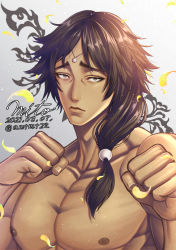 Rule 34 | 1boy, 2021, brown eyes, brown hair, clenched hands, commentary request, dated, fighting stance, gradient background, hair ornament, kengan (series), kengan ashura, looking at viewer, medium hair, mito amatsu, nude, serious, side ponytail, signature, solo, wongsawat gaolang