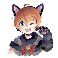 Rule 34 | 1girl, animal costume, animal ears, animal hands, artist name, artist request, bell, blush, bow, cat costume, cat ears, fake animal ears, female focus, fur-trimmed gloves, fur trim, gloves, green eyes, hair between eyes, highres, hoshizora rin, looking at viewer, love live!, love live! school idol festival, love live! school idol project, one eye closed, orange hair, parted lips, paw gloves, peru (prr 1101), red bow, short hair, smile, solo, white background, yellow eyes
