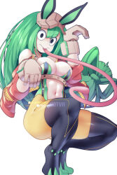 Rule 34 | 1girl, alternate costume, animal ears, asui tsuyu, black eyes, boku no hero academia, breasts, brown gloves, center opening, cleavage, commentary, english commentary, fake animal ears, gloves, green hair, highres, hot vr, large breasts, long hair, long tongue, looking at viewer, navel, patreon username, rabbit ears, simple background, solo, tongue, very long tongue, white background