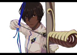 Rule 34 | 1boy, arjuna (fate), bad id, bad pixiv id, blurry, bow, bow (weapon), brown eyes, brown hair, commentary request, dark-skinned male, dark skin, depth of field, fate/grand order, fate (series), gloves, hair between eyes, highres, holding, holding bow (weapon), holding weapon, letterboxed, long sleeves, male focus, solo, takamiya nao, upper body, weapon, white background, white gloves