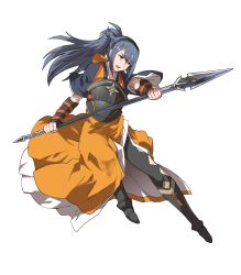 Rule 34 | 1girl, blue hair, boots, brown eyes, fire emblem, fire emblem fates, fire emblem heroes, full body, hairband, highres, japanese clothes, long hair, nintendo, oboro (fire emblem), official art, open mouth, polearm, ponytail, solo, spear, transparent background, ueda yumehito, weapon