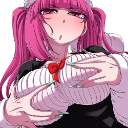 Rule 34 | 1girl, bleach, blush, grabbing another&#039;s breast, breasts, breasts squeezed together, dokugamine riruka, dress, grabbing, grabbing own breast, hanya (hanya yashiki), hat, highres, large breasts, long hair, looking at viewer, open mouth, pink hair, simple background, tsundere, twintails, upper body, white background