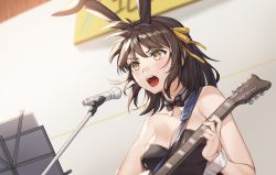 Rule 34 | 1girl, animal ears, bare arms, bare shoulders, black bow, black bowtie, black leotard, blush, bow, bowtie, breasts, brown hair, cleavage, collarbone, eyebrows hidden by hair, eyes visible through hair, fake animal ears, from below, guitar, hair between eyes, hairband, highres, holding, holding instrument, indoors, instrument, leotard, looking at viewer, microphone, microphone stand, music, neck, open mouth, playboy bunny, playing instrument, rabbit ears, round teeth, serious, sheet music, short hair, simple background, singing, solo, strapless, strapless leotard, suzumiya haruhi, suzumiya haruhi no yuuutsu, sweat, teeth, upper body, upper teeth only, v, wrist cuffs, yellow eyes, yellow hairband