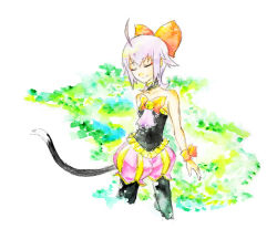 Rule 34 | 1girl, 6 (seraphim elorhell), ahoge, ascot, bare shoulders, bell, black ascot, black pantyhose, black shirt, bow, cat tail, choker, closed eyes, closed mouth, commentary request, cowboy shot, cropped legs, facing viewer, final fantasy crystal chronicles: echoes of time, flat chest, frills, hair bow, jingle bell, long hair, multicolored background, orange bow, pantyhose, pink ascot, pink shorts, sherlotta, shirt, shorts, silver hair, smile, solo, strapless, tail, traditional media, tube top, watercolor pencil (medium), wrist wrap