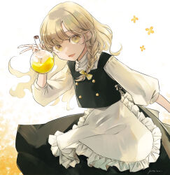 Rule 34 | 1girl, apron, black skirt, black vest, blonde hair, braid, buttons, commentary request, flask, hair ribbon, highres, holding, holding flask, kirisame marisa, long hair, no headwear, open mouth, poteimo (poteimo622), ribbon, round-bottom flask, shirt, single braid, skirt, skirt set, solo, touhou, turtleneck, upper body, vest, waist apron, white apron, white shirt, yellow eyes, yellow ribbon