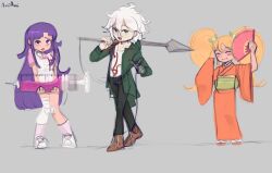 1boy 2girls apron aren_(peachgumm_es) bandaged_leg bandages blonde_hair bow brown_pants danganronpa_(series) danganronpa_2:_goodbye_despair green_jacket hair_bow hand_fan highres holding holding_fan holding_polearm holding_weapon jacket japanese_clothes kimono komaeda_nagito medium_hair messy_hair multiple_girls obi open_clothes open_jacket orange_kimono pants pink_shirt polearm purple_hair saionji_hiyoko sash shirt shoes simple_background tsumiki_mikan twintails weapon white_apron white_hair