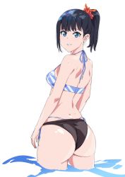 Rule 34 | 1girl, absurdres, arms at sides, ass, bikini, black bikini, black hair, blue eyes, breasts, commentary request, dimples of venus, from behind, gridman universe, grin, hair ornament, hair scrunchie, halterneck, highres, layered bikini, looking at viewer, looking back, medium breasts, mismatched bikini, orange scrunchie, parted lips, ponytail, scrunchie, shiny skin, side-tie bikini bottom, side-tie bottom, simple background, smile, solo, ssss.gridman, stan, standing, striped bikini, striped clothes, swimsuit, takarada rikka, tonotyama, wading, water, white background