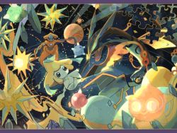 Rule 34 | awai (pixiv29777040), commentary request, creatures (company), deoxys, deoxys (normal), flying, game freak, gen 3 pokemon, gen 7 pokemon, jigsaw puzzle, jirachi, legendary pokemon, mega pokemon, mega rayquaza, minior, minior (core), minior (green core), minior (red core), minior (yellow core), mythical pokemon, nintendo, no humans, planet, pokemon, pokemon (creature), puzzle, puzzle piece, rayquaza, space, star (sky)