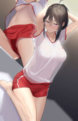 Rule 34 | 1girl, absurdres, arms behind head, arms up, barefoot, black hair, breasts, collarbone, commentary request, commission, glasses, gym shirt, gym shorts, gym uniform, hair between eyes, highres, looking at viewer, medium breasts, multiple views, navel, original, pallad, pink eyes, pixiv commission, red shorts, shirt, shorts, sidelocks, underboob, white shirt