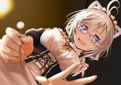 Rule 34 | .live, :d, absurdres, ahoge, black background, blue eyes, breasts, from below, gibun (sozoshu), glasses, highres, looking at viewer, maid, medium breasts, mimikaki, open mouth, pink-framed eyewear, dennou shoujo siro, smile, solo, virtual youtuber