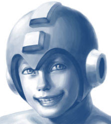 Rule 34 | 1boy, b no hito, blue theme, commentary request, creepy, grin, helmet, lips, looking at viewer, lowres, male focus, mega man (character), mega man (classic), mega man (series), monochrome, portrait, smile, solo, teeth, uncanny valley, white background