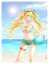 Rule 34 | 1girl, azur lane, ball, bare shoulders, beach, beachball, bikini, bikini shorts, blonde hair, blue eyes, blush, bracelet, breasts, choker, cleavage, collarbone, front-tie bikini top, front-tie top, goggles, hair between eyes, hair ornament, highres, holding, holding ball, holding beachball, jewelry, large breasts, long hair, looking at viewer, nail polish, navel, necklace, ocean, open mouth, shorts, sidelocks, skindentation, smile, solo, swimsuit, theleopardcat, thigh strap, thighs, twintails, very long hair, victorious (azur lane)