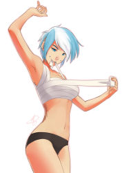 Rule 34 | 1girl, arm up, armpits, binding, black panties, blue eyes, blue hair, borrowed character, breasts, cloud chaser, matching hair/eyes, mouth hold, multicolored hair, navel, nose, nose piercing, original, panties, piercing, polarityplus, sarashi, scar, short hair, signature, solo, two-tone hair, underwear, underwear only, white background, white hair