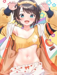 Rule 34 | 1girl, :d, aqua eyes, arms up, black hair, bloomers, blush, breasts, claw pose, collarbone, commentary request, crop top, dongchuan, drawstring, hairband, highres, hololive, jacket, long sleeves, looking at viewer, medium breasts, midriff, multicolored clothes, multicolored jacket, navel, official alternate costume, official alternate hairstyle, oozora subaru, oozora subaru (loungewear), open mouth, polka dot, shirt, short hair, smile, solo, star (symbol), swept bangs, teeth, two side up, underwear, upper teeth only, virtual youtuber, white bloomers, white jacket, yellow hairband, yellow jacket, yellow shirt