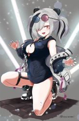 Rule 34 | 1girl, animal ears, aqua nails, arknights, bare legs, black footwear, black hair, blue dress, breasts, china dress, chinese clothes, cleavage, cleavage cutout, clothing cutout, dress, eyewear on head, fang, feater (arknights), full body, grey background, grey jacket, hair over one eye, highres, jacket, kneeling, light particles, looking at viewer, medium breasts, medium hair, multicolored hair, nail polish, off shoulder, on one knee, open mouth, orange eyes, panda ears, ru-ne, shoes, short dress, silver hair, simple background, skindentation, sleeveless, sleeveless dress, smile, sneakers, solo, streaked hair, sunglasses, sunglasses on head, thigh strap, thighs, twintails, twitter username, two-tone hair
