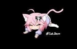 Rule 34 | 1girl, = =, ahoge, all fours, animal ear fluff, animal ears, animal print, animated, animated gif, artist name, black background, blush, bow, cat ears, cat girl, cat print, cat tail, chibi, closed eyes, commentary request, commission, ear wiggle, fang, ghost hair ornament, hair between eyes, hair bow, hair ornament, hood, hoodie, indie virtual youtuber, long sleeves, misskey.io username, no shoes, nyatasha nyanners, nyatasha nyanners (1st costume), open mouth, pink hair, pink tail, print thighhighs, purple hoodie, short hair, skeb commission, smile, solo, stretching, sudou noboru, tail, thighhighs, virtual youtuber, white thighhighs, yawning