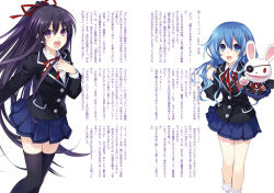 Rule 34 | 10s, 2girls, :d, black legwear, blazer, blue eyes, blue hair, blue skirt, date a live, hair ornament, hair ribbon, hairclip, hand puppet, highres, jacket, long hair, looking at viewer, multiple girls, official art, open mouth, ponytail, puppet, purple hair, rabbit, rabbit puppet, red ribbon, ribbon, school uniform, simple background, skirt, smile, thighhighs, translation request, tsunako, white background, yatogami tooka, yoshino (date a live), zettai ryouiki