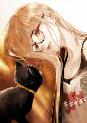 Rule 34 | 10s, 1girl, animal, black-framed eyewear, black cat, breasts, brown hair, buttons, cat, cleavage, collarbone, eyelashes, glasses, head rest, headphones, jacket, kiyohara hiro, lips, long hair, looking at another, morgana (persona 5), orange hair, pale skin, parted lips, persona, persona 5, red eyes, sakura futaba, small breasts, tank top, upper body, white background
