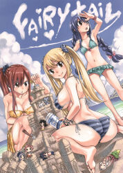 Rule 34 | 3girls, :&lt;, absurdres, ass, barefoot, beach, bikini, blonde hair, blue hair, blue sky, blush, braid, breasts, brown eyes, character doll, charle (fairy tail), cleavage, copyright name, day, erza scarlet, fairy tail, feet, frilled bikini, frills, front-tie top, gajeel redfox, gray fullbuster, hair ribbon, happy (fairy tail), highres, juvia lockser, large breasts, long hair, looking at viewer, looking back, lucy heartfilia, mashima hiro, mirajane strauss, multiple girls, natsu dragneel, navel, ocean, official art, outdoors, parted lips, ponytail, red hair, ribbon, sand, sideboob, sky, small breasts, smile, swimsuit, twintails, water, wendy marvell