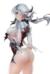 Rule 34 | 1girl, absurdres, arlecchino (genshin impact), ass, black eyes, black hair, bottomless, breasts, commentary request, cowboy shot, genshin impact, highres, jacket, jie tou deng shan ke, large breasts, long hair, long sleeves, looking at viewer, low ponytail, multicolored hair, solo, standing, streaked hair, thighs, white hair, white jacket