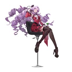Rule 34 | 1girl, absurdres, armpits, bar stool, black footwear, black gloves, black thighhighs, breasts, cocktail glass, commentary, cup, dangoose, detached sleeves, dress, drill hair, drinking glass, full body, gloves, half gloves, high heels, highres, hyakumantenbara salome, hyakumantenbara salome (1st costume), long hair, medium breasts, nijisanji, on stool, open mouth, purple eyes, purple hair, red dress, simple background, sitting, smile, solo, stool, symbol-only commentary, thighhighs, thighs, very long hair, virtual youtuber, white background, zettai ryouiki