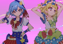 Rule 34 | 2girls, adjusting bow, arms up, blonde hair, blue eyes, blue hair, blunt bangs, bow, breasts, closed mouth, cone hair bun, cowboy shot, dorothy west, double bun, enouchi ai, furrowed brow, green bow, hair bow, hair bun, hand on own hip, hand up, hat, looking at another, looking to the side, minami mirei, multiple girls, playing with own hair, pleated skirt, pretty series, pripara, puffy short sleeves, puffy sleeves, red bow, red skirt, sailor hat, shirt, short hair, short sleeves, skirt, small breasts, standing, star (symbol), white headwear, white shirt, wrist cuffs