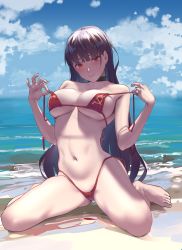 Rule 34 | 1girl, absurdres, bare arms, bare shoulders, barefoot, beach, bikini, black hair, black nails, blue sky, blush, breasts, choker, cloud, cloudy sky, commentary request, day, gluteal fold, hammer and sickle, hammer and sickle bikini, hands up, head tilt, highleg, highleg bikini, highres, holding, holding clothes, holding swimsuit, large breasts, long hair, looking at viewer, nail polish, navel, ocean, outdoors, parted lips, red bikini, red eyes, same ningen, satsuki neko, side-tie bikini bottom, sitting, sky, smile, sofia (same ningen), solo, soviet flag, stomach, strap pull, string bikini, swimsuit, thighs, untied bikini, very long hair, wariza, water