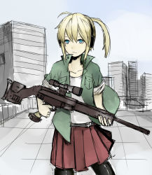 Rule 34 | 1girl, ahoge, bad id, bad pixiv id, blonde hair, blue eyes, ear protection, earmuffs, gun, iris (material sniper), materia candy, material sniper, pantyhose, ponytail, psg, rifle, rooftop, scope, singlet, sketch, skirt, sleeves rolled up, sniper rifle, solo, weapon