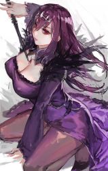 Rule 34 | 1girl, aoin, breasts, cleavage, commentary request, covered erect nipples, dress, fate/grand order, fate (series), fur trim, hair between eyes, highres, holding, holding wand, jewelry, kneeling, large breasts, long hair, pantyhose, purple dress, purple hair, red eyes, scathach (fate), scathach skadi (fate), sitting, solo, tiara, wand